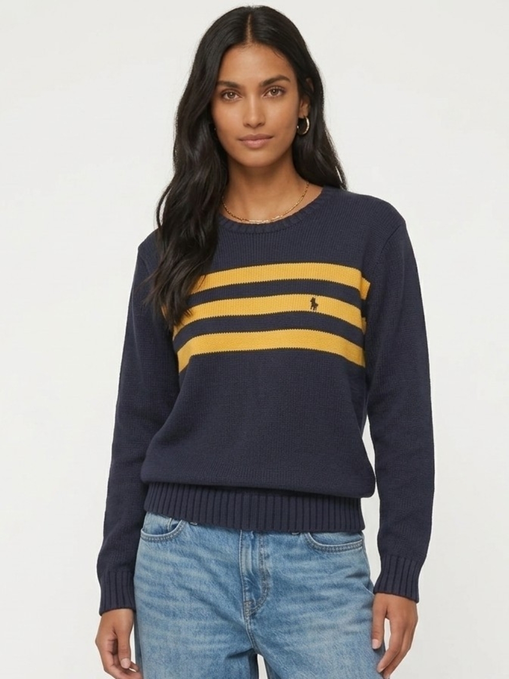 Vintage Polo By Ralph Lauren Varsity Striped Crewneck Sweater In Navy Blue - L